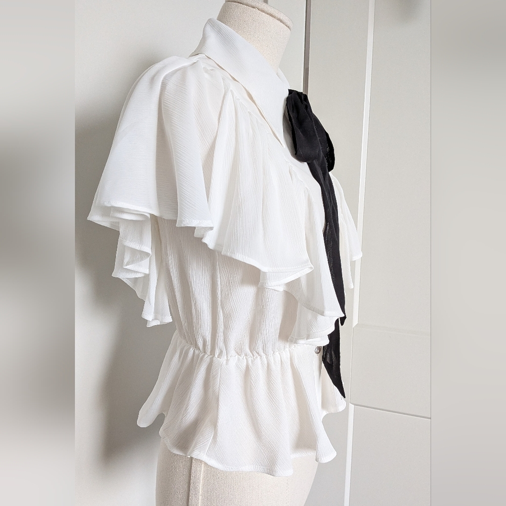 NWT Zara White Button up Ruffle Sleeve Blouse with Black Neck Tie XS - Picture 2 of 8